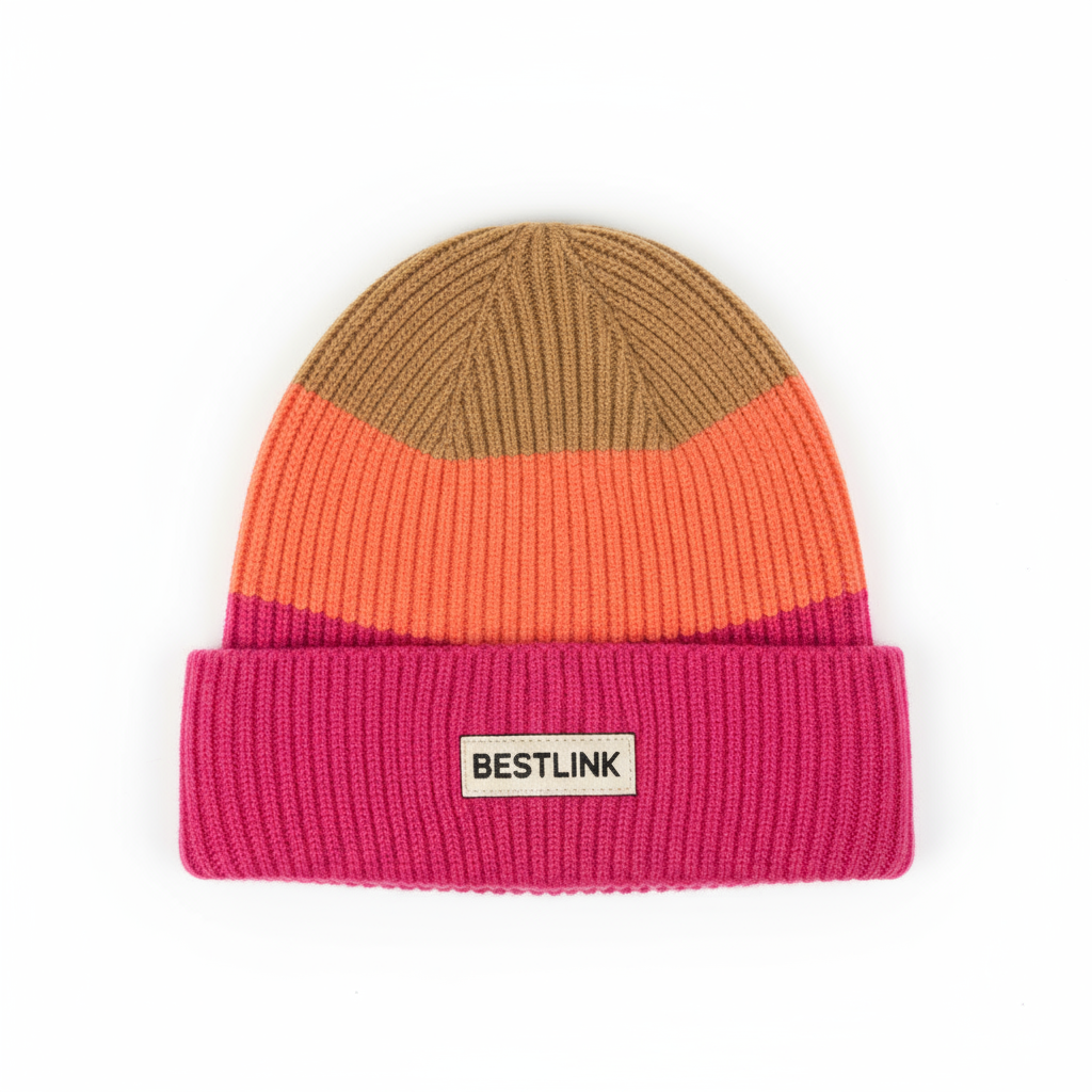 Coral and pink color-block knit beanie with a centered cuff label