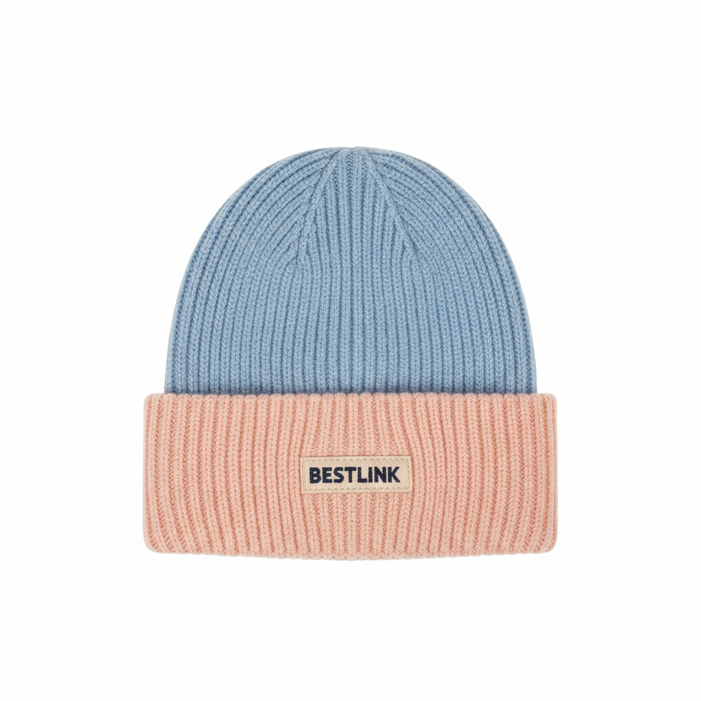 Blue knit beanie with a pale contrast cuff and centered label