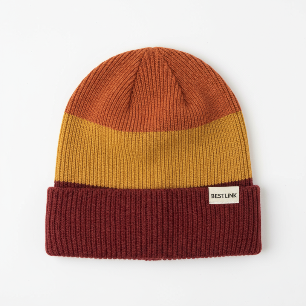 Rust, mustard and burgundy color-block knit beanie with a cuff label