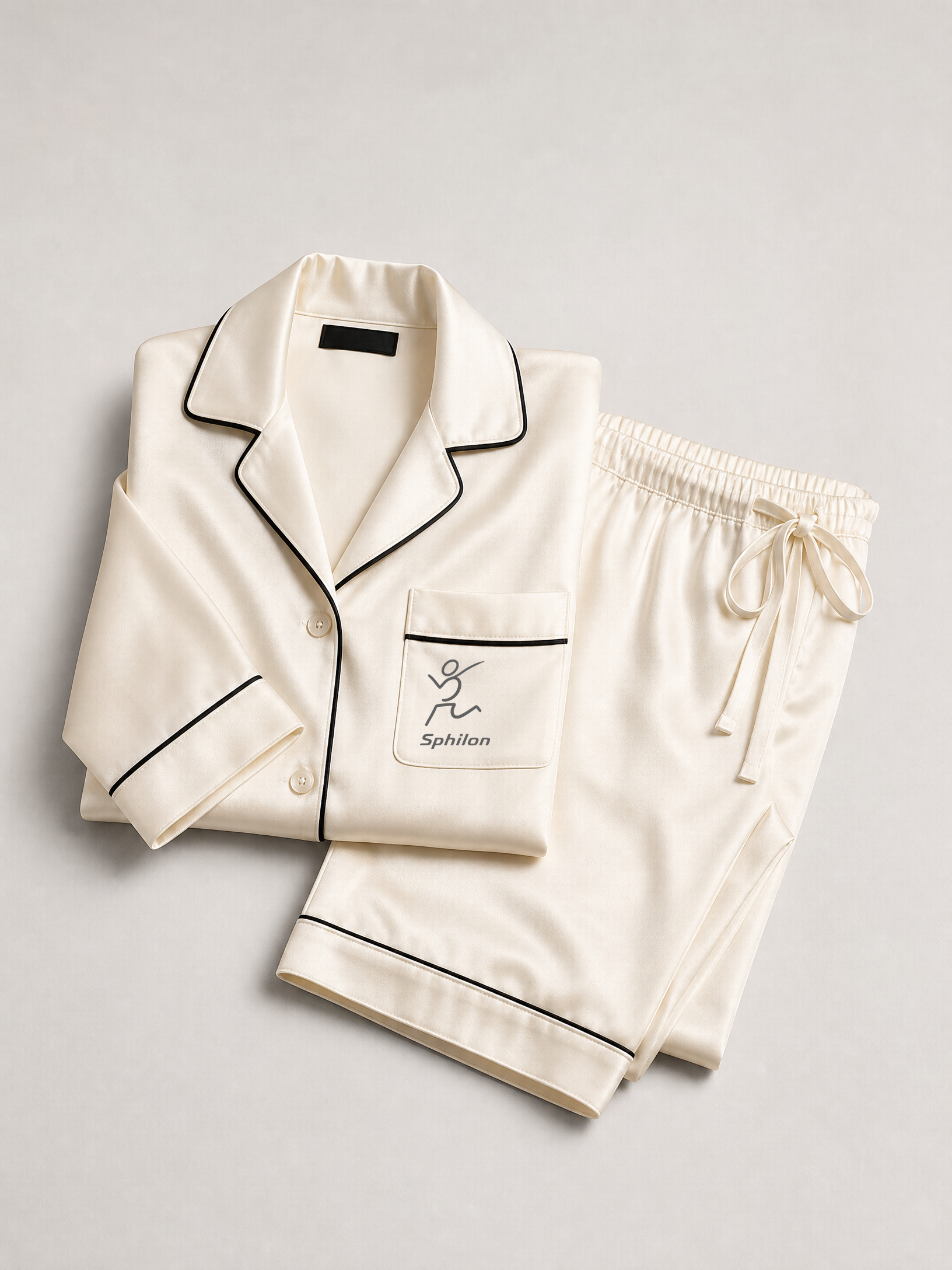 Piped Satin Sleepwear Set — Satin sleepwear with chest-pocket print