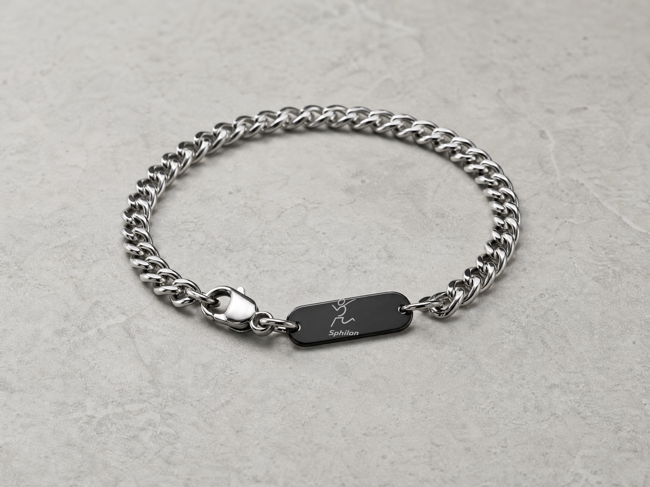 Cable Chain Bracelet — Alloy cable chain with black metal identification plate