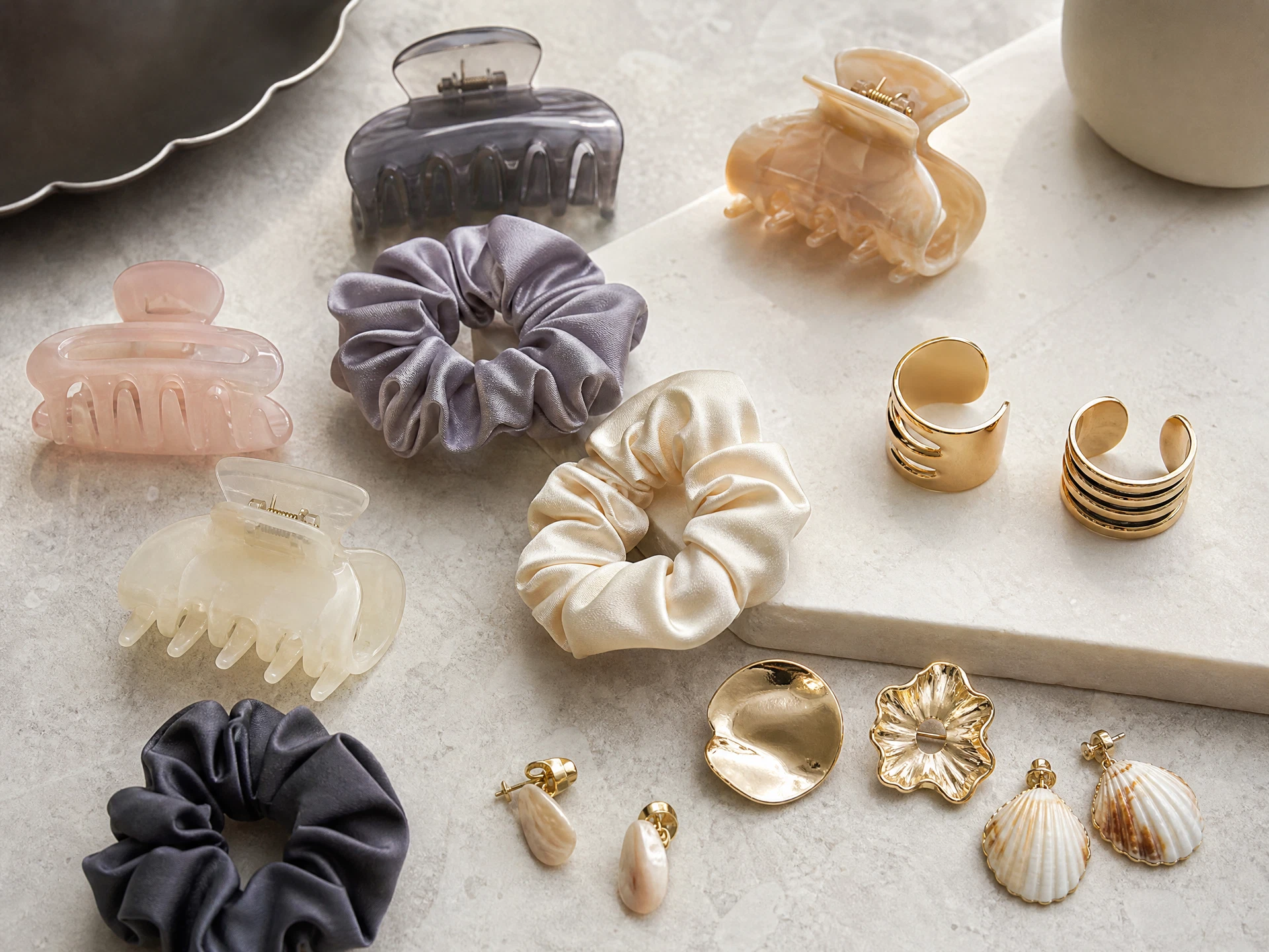 Unbranded hair clips, scrunchies and lightweight jewelry for sourcing